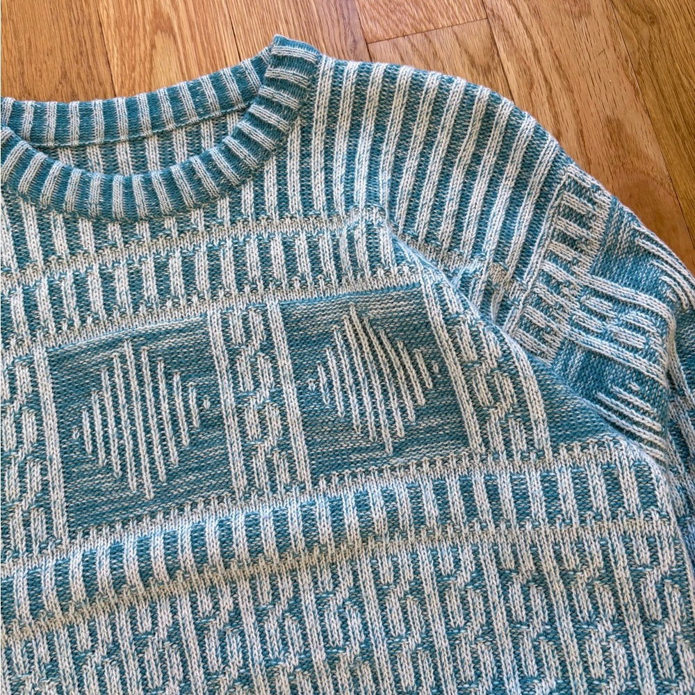 Made in USA Vintage 60s Acrylic Knit Ribbed Textured Sweater Teal White Medium - Picture 4 of 9